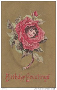 Birthday Greetings, Girls face in a red rose, Gold background, 00-10s