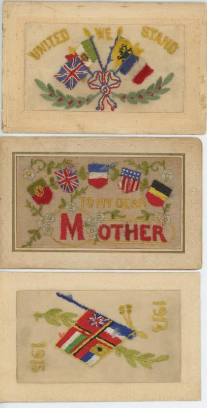 VINTAGE SILK SEWN WORLD WAR 1 ERA PATRIOTIC POSTCARDS-GROUP OF THREE