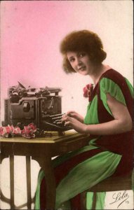 Typewriter Beautiful Woman Desk Glamour Tinted LOLA c1920 Real Photo Postcard #3