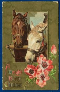 A bright and Happy Christmas 2 horses postcard from the late 1900s.