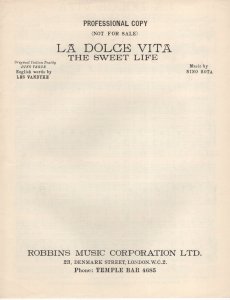 La Dolce Vita Nino Rota Professional Copy Mint Sheet Music