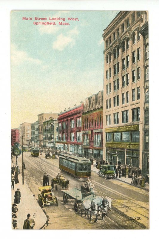 MA - Springfield. Main Street looking West. Trolleys, Horses, Wagons, Autos