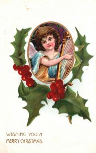 Vintage Postcard 1910's Wishing You A Merry Christmas Angel Holly Greetings