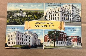 VINTAGE .01 LINEN POSTCARD UNUSED - GREETINGS FROM COLUMBIA, SOUTH CAROLINA