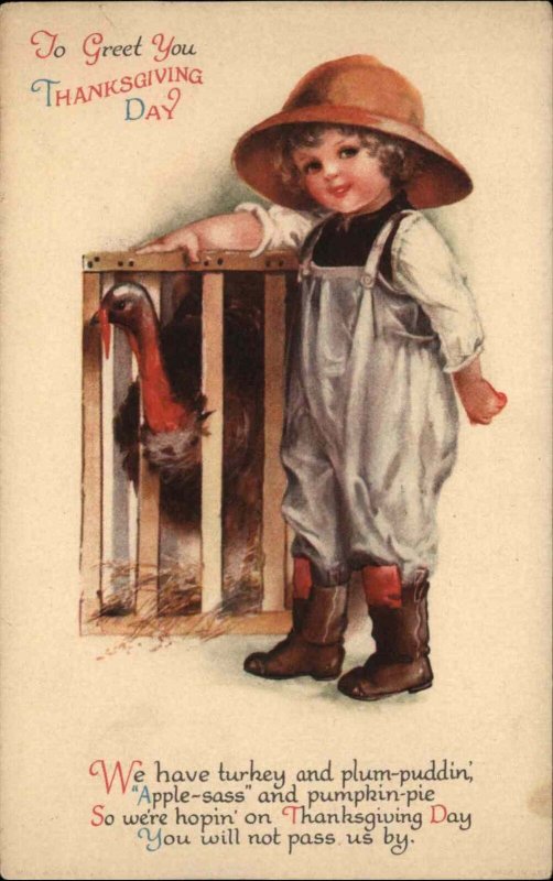 Clapsaddle Thanksgiving Little Boy with Turkey in Cage c1910 Vintage Postcard