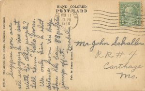 Handcolored Arroyo Seco Bridge Pasadena Calif RPPC postcard c1936 am72