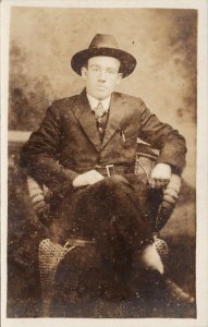 Portrait of Young Man Hat Unused Real Photo Postcard F63