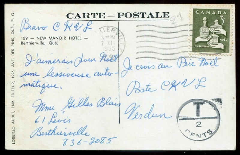 h2627 - BERTHIERVILLE Quebec 1965 New Manoir Hotel. Postage Due by Audet