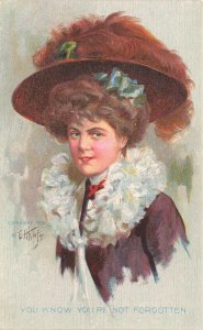 Artist E H Kiefer Beautiful Woman With Edwardian Hat & Muff Postcard