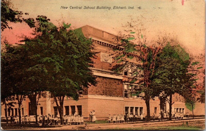 Hand Colored Postcard New Central School Building in Elkhart, Indiana~364