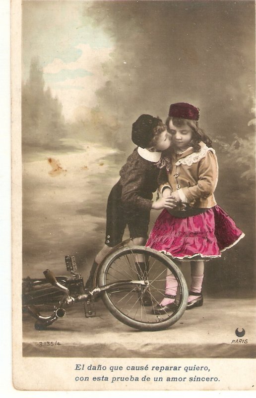 Cycle accident. Boy kiss girl Old vintage French postcard