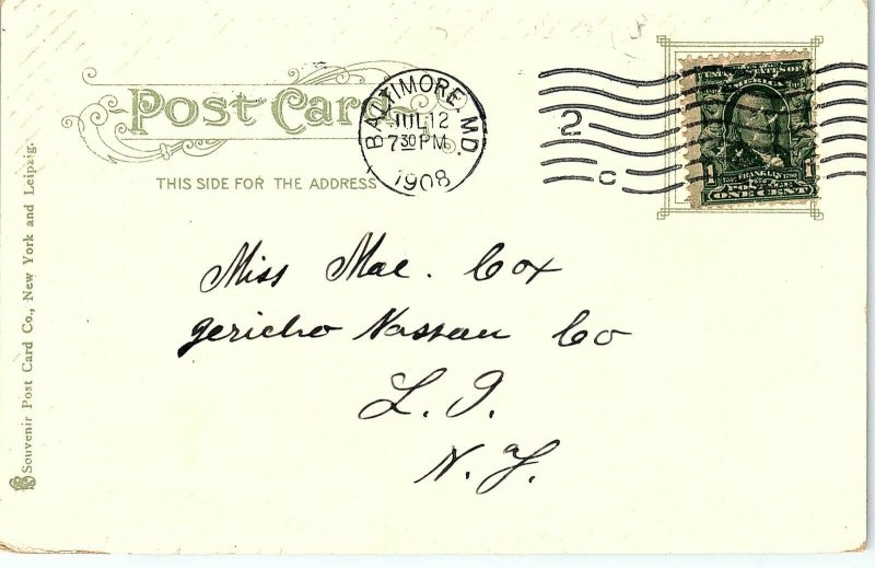 1908 Annapolis MD Post Office and Southgate Memorial Early Undivided Back 14-11