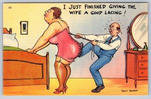 Giving The Wife A Good Lacing! Risque Comic Linen Postcard Signed Walter Munson