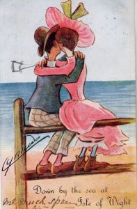 Isle Of Wight Kissing On Beach By Sea Old Comic Postcard