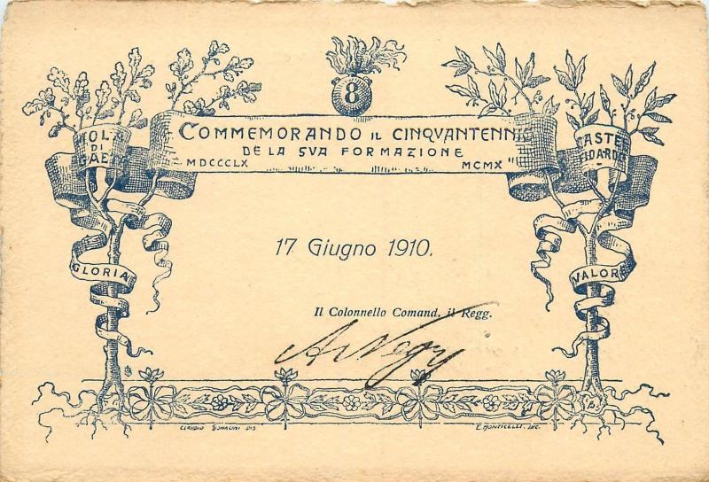 Italian army commemorative postcard 1910 regiment 8 genuine colonel signature