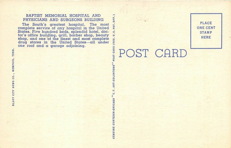 Memphis Tennessee 1940s Postcard Baptist Hospital