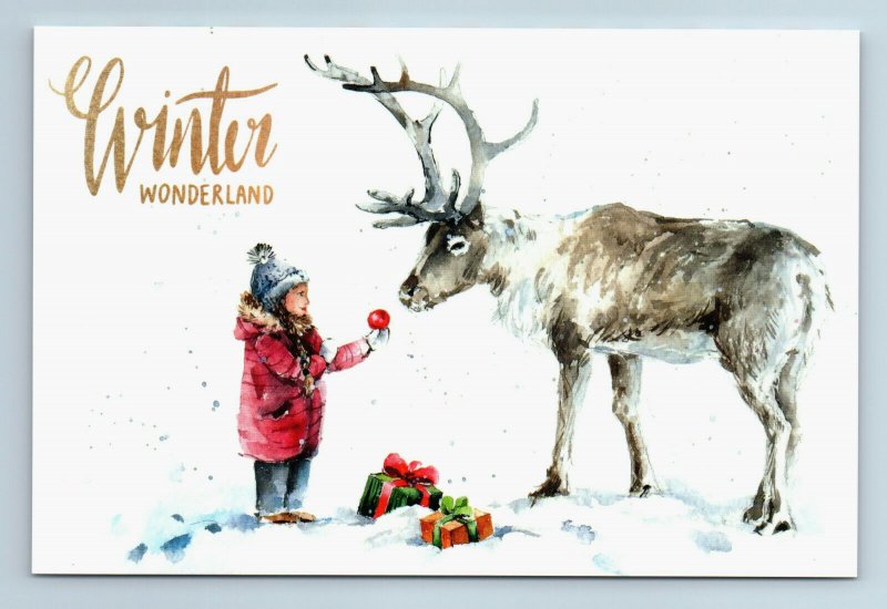 LITTLE GIRL feeds DEER in Snw Winter Forest XMAS Wonderland New Modern Postcard