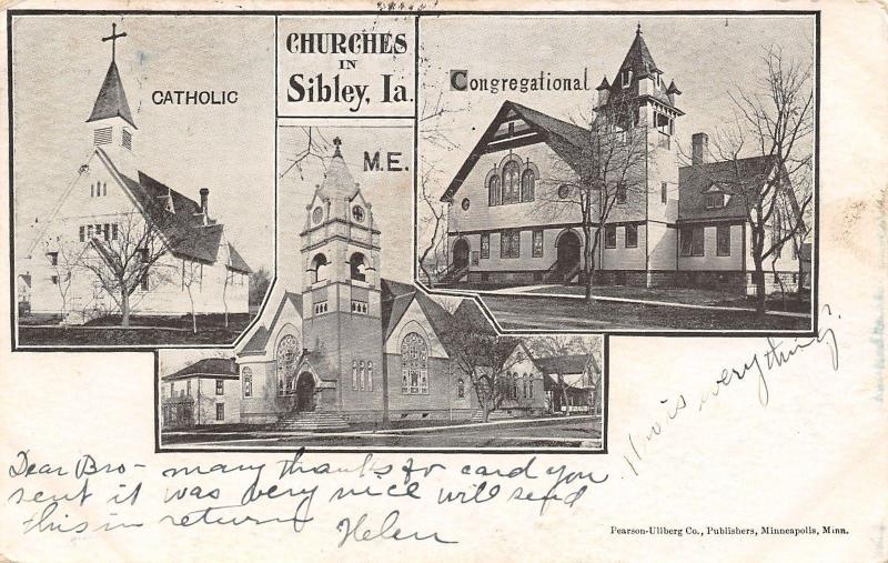 Sibley Iowa~Catholic~Congregational~Methodist Episcopal Churches~1906 Postcard 