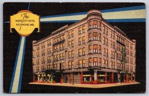 Richmond Indiana~Westcott Hotel @ Night~~$1.50 No Bath~Art-Deco Linen Postcard