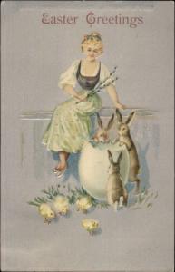 Easter - Beautiful Woman & Rabbits Peek in Egg Shell c1910 Postcard rpx