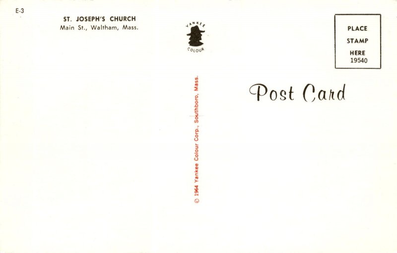 St. Joseph's Church Post Card, Waltham, Mass.