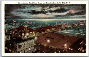 Atlantic City New Jersey NJ, Steel Pier Nighttime View Ocean Boardwalk, Postcard