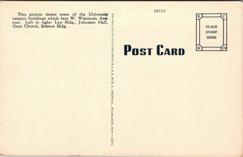 Vtg 1940's Marquette University Old Cars Milwaukee Wisconsin WI Linen Postcard