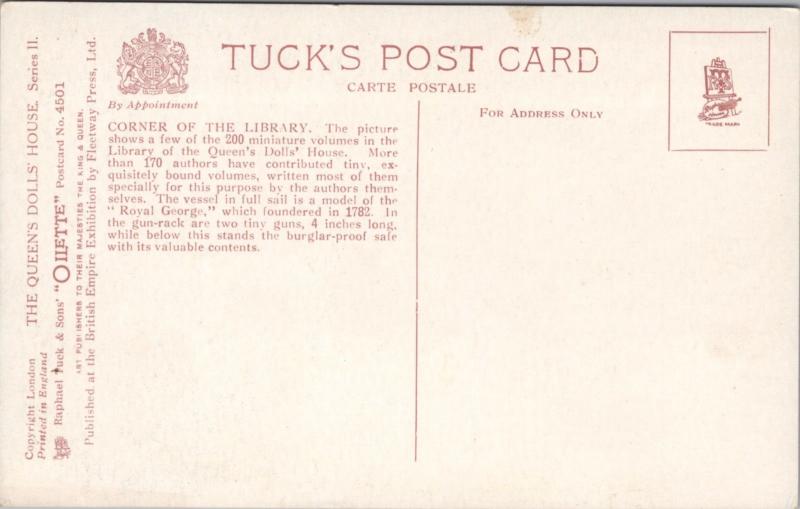 The Queen's Doll House Corner of Library TUCK Unused Postcard E24