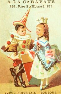 1870's Lovely Clown, A La Caravane, Gauthier Chocolate Bon Bons, Paris Card F84