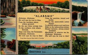 Vtg Greetings from Alabama State Song Bridge Waterfall Cotton Field AL Postcard