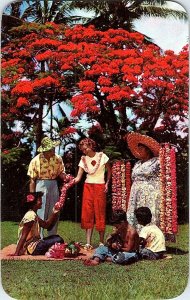 Lei Seller and  Helpers Royal Poinciana Tree Vintage Postcard Standard View Card 