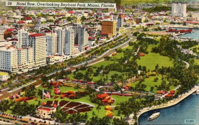 Florida Miami Hotel Row Overlooking Bayfront Park 1948