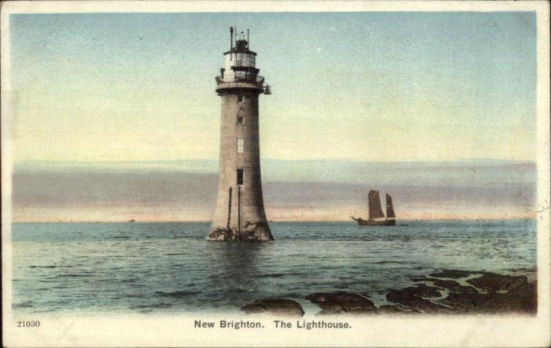 New Brighton Lighthouse & Sailboat c1910 Postcard