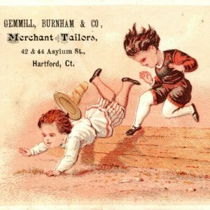 c1880s Hartford CT Gemmill Burnham Tailors Trade Card Kids Ketterlinus Litho C9