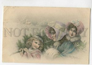 3106986 X-MAS Girls w/ Tree by WICHERA Vintage VIENNE #101 PC