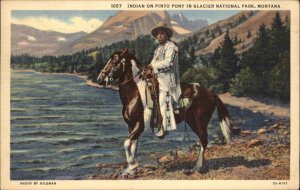 Glacier National Park Native Indian on Horse Pinto Pony Linen Postcard 