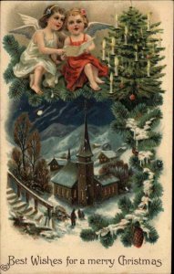 EAS Christmas Little Girl Angels Singing Above Church c1910 Vintage Postcard