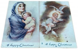 Lot 2 postcards religious Raphael Tuck Oilette Christmas greetings Holy Family