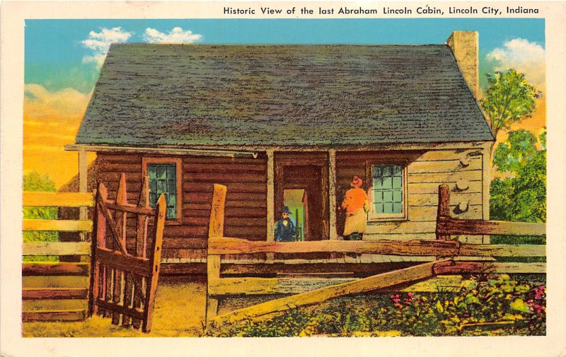 Lincoln City Indiana 1950s Postcard View Of Last President Abraham Lincoln Cabin