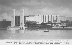 1933 Chicago World's Fair Electrical Bldg from Lagoon B&W Litho Postcard...