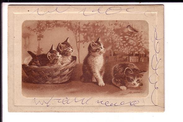 Fold-over 1905 Christmas Card with Kittens, Gunnersbury Lane, Acton, W.