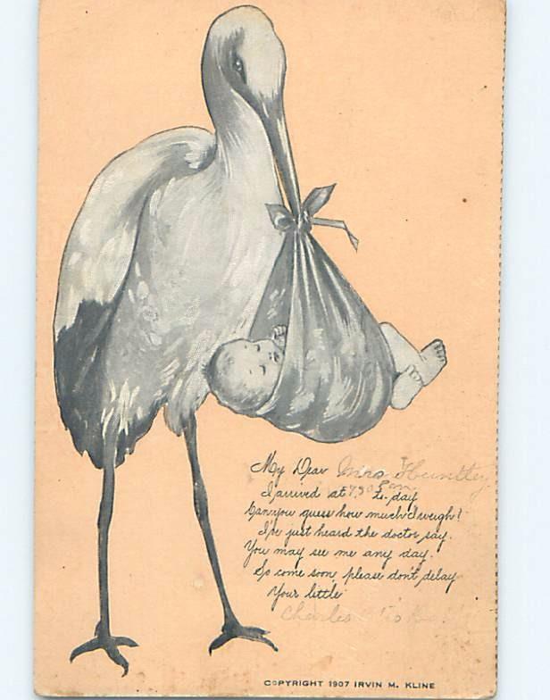 Pre-Linen STORK BIRD HOLDING INFANT BABY IN BEAK HL5496