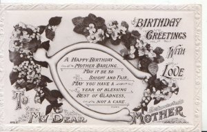 Greetings Postcard - Birthday Greetings with Love Mother - Ref  90A