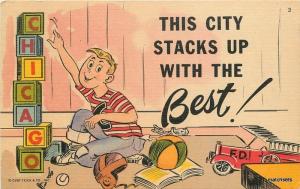 1930s Chicago Illinois Comic Humor Toys Blocks Boy Playing City Stacks Best