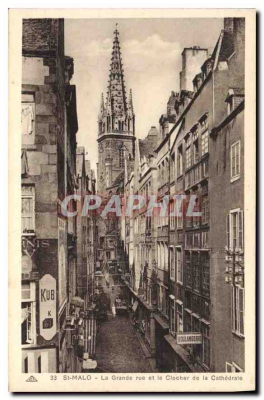 Old Postcard Saint Malo La Grande Rue and the Steeple of the Cathedral
