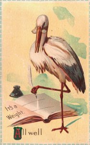 Vintage Postcard Bird Writing All Well Greetings and Wishes Card With Line Borde
