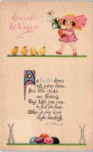 ARTS & CRAFTS EASTER GREETING  Postcard 1914  Cute GIRL Chicks, Bunnies, Poem