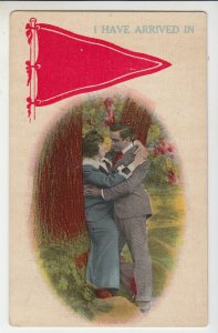 P2155 old postcard red banner romantic couple i have arrived in unused