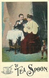 Tea related advertising vintage postcard a tea spoon romantic couple having tea