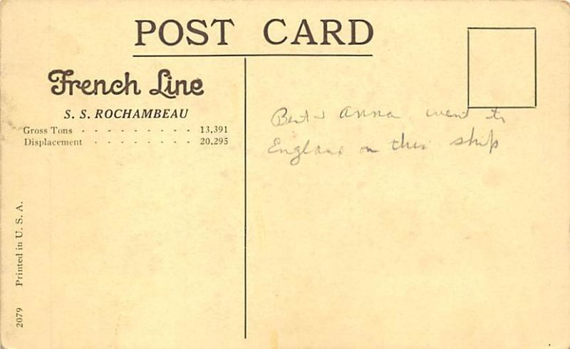 SS Rochambeau French Line Ship Writing on back 